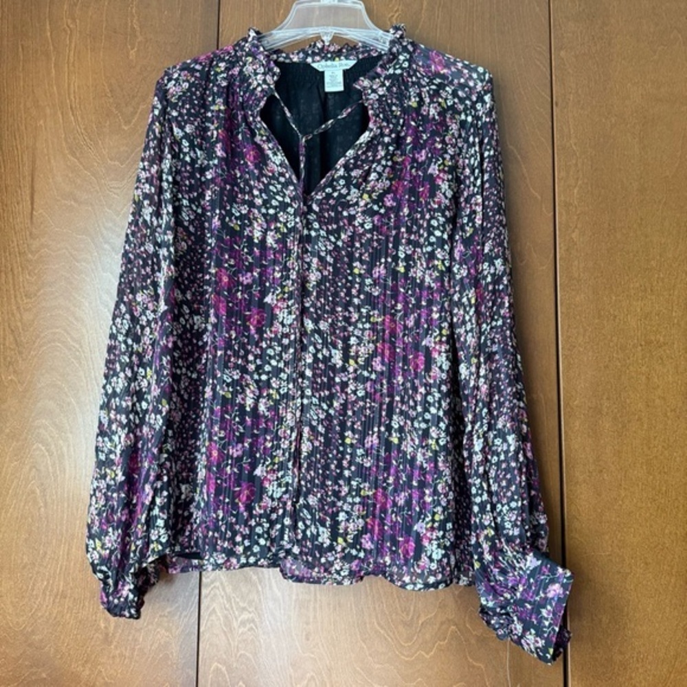Ophelia Roe NWT Floral Women's Top - Black and Pink with a Silver Thread Sz XL